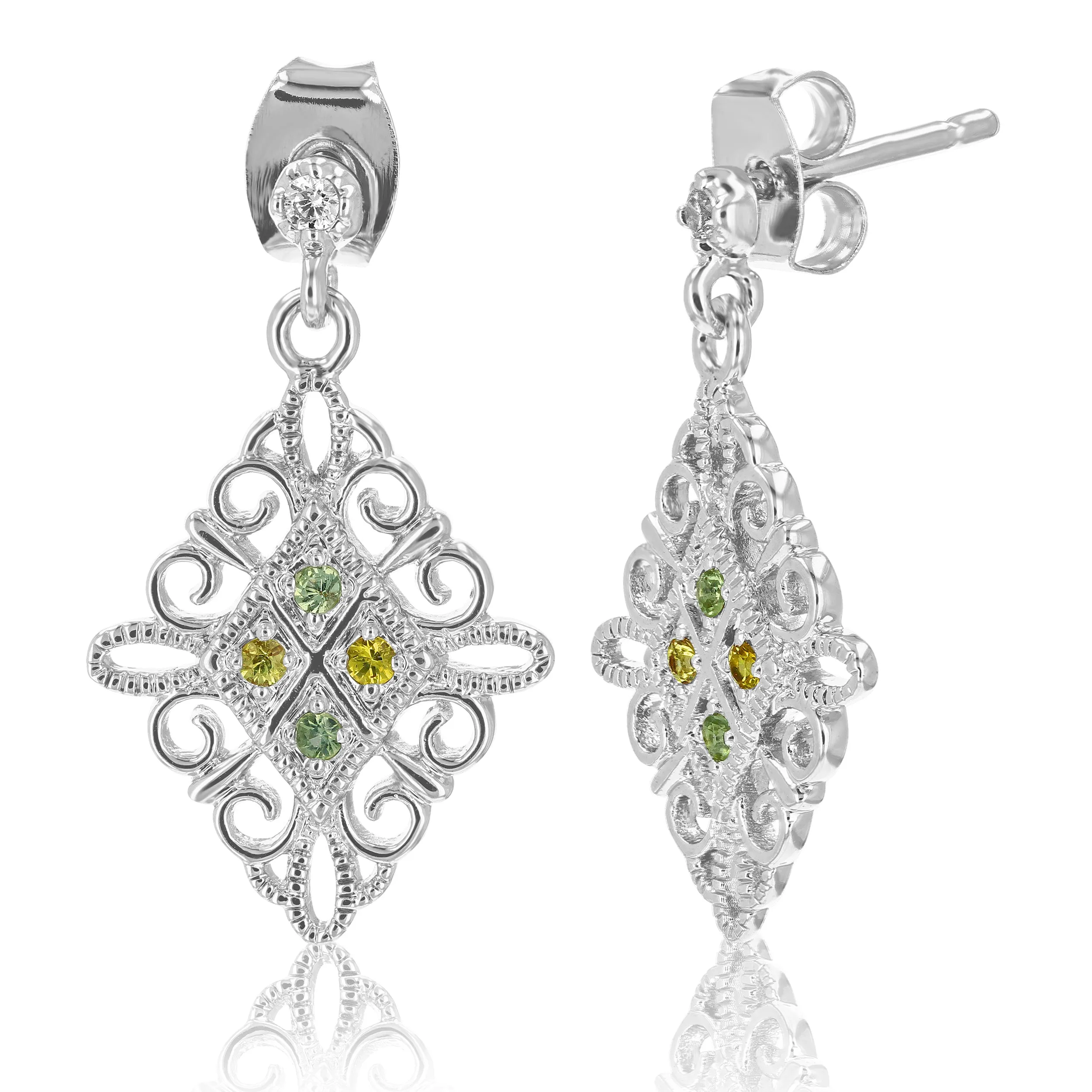 1/10 cttw Green And Yellow Sapphire Dangle Earrings Brass With Rhodium Plating