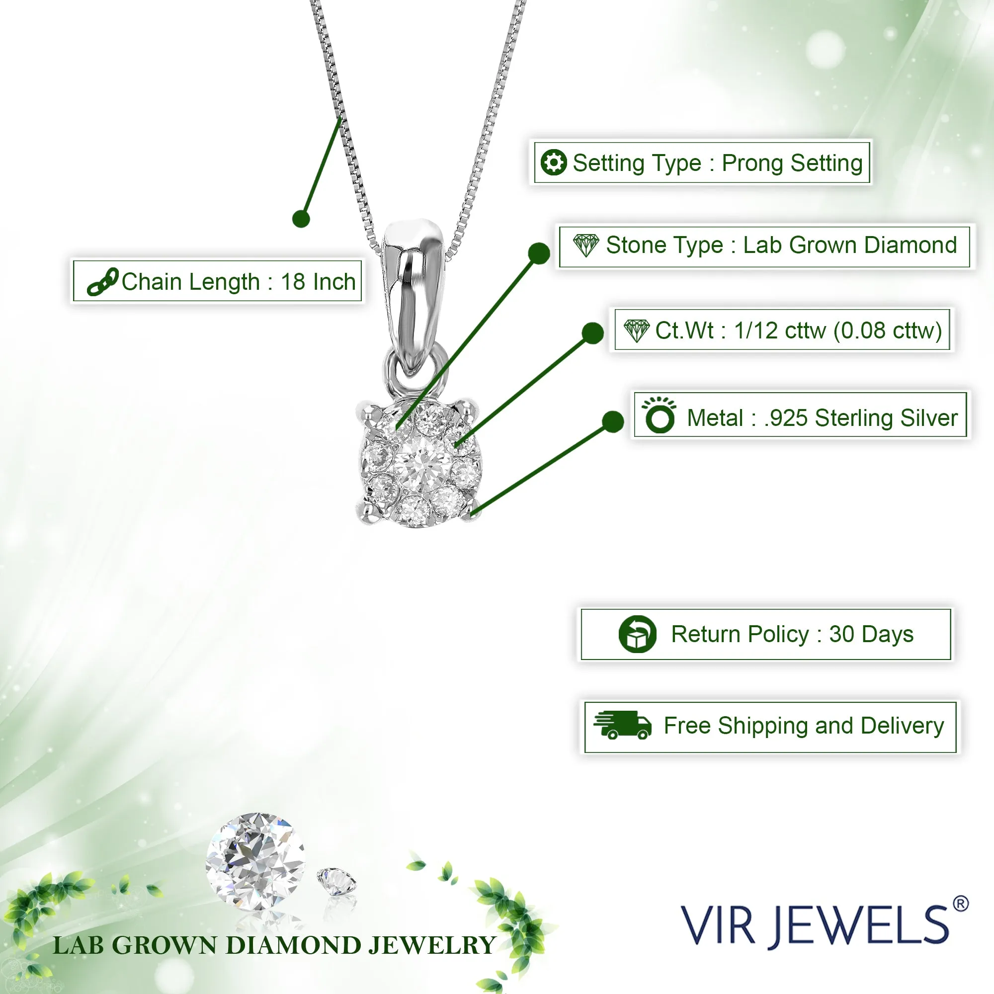 1/12 cttw Lab Grown Diamond Fashion Pendant Necklace .925 Sterling Silver 1/6 Inch with 18 Inch Chain, Size 2/5 Inch