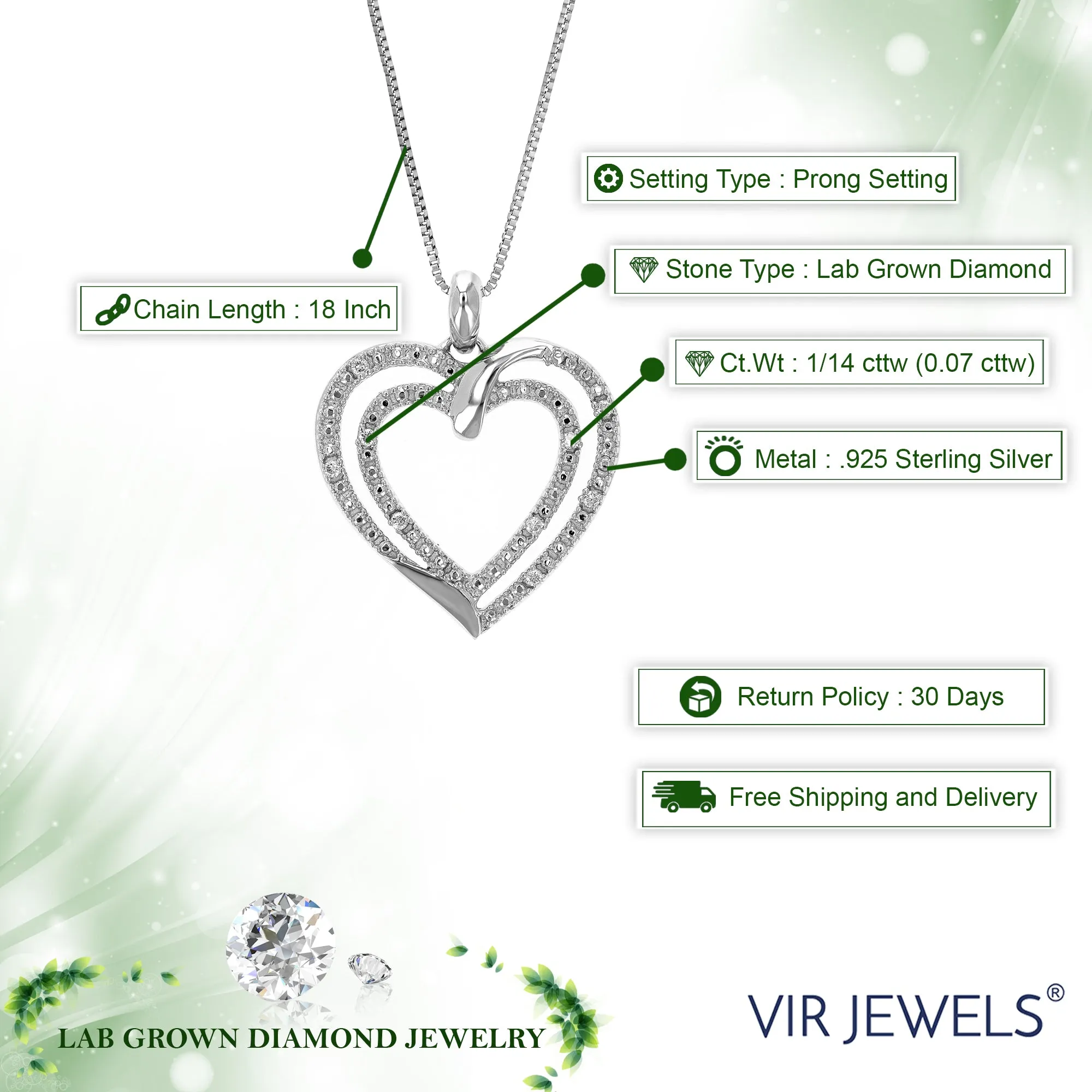 1/14 cttw Lab Grown Diamond Heart Pendant Necklace .925 Sterling Silver 3/4 Inch with 18 Inch Chain, Size 1 Inch