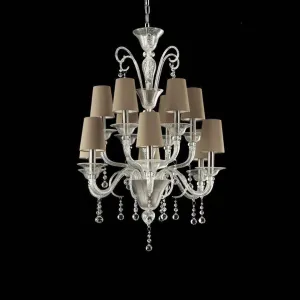 12 Light Luxury Chandelier with Silver Leaf and Dove-Coloured Lampshades