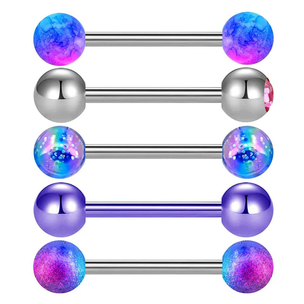 14G 5PCS Purple Blue Tongue Barbell Rings Tongue Piercing