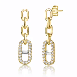 14k Gold Plated with Cubic Zirconia Triple Chain Mariner Anchor Link Drop Earrings