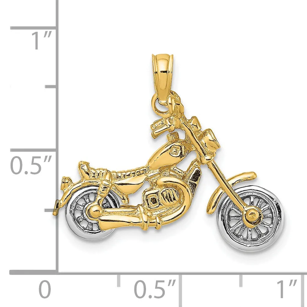 14k Two Tone Gold Polished Finish 3-Dimensional Moveable Chopper Bike Motorcycle Charm Pendant