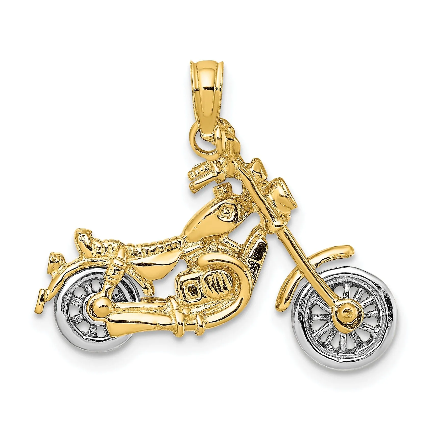 14k Two Tone Gold Polished Finish 3-Dimensional Moveable Chopper Bike Motorcycle Charm Pendant