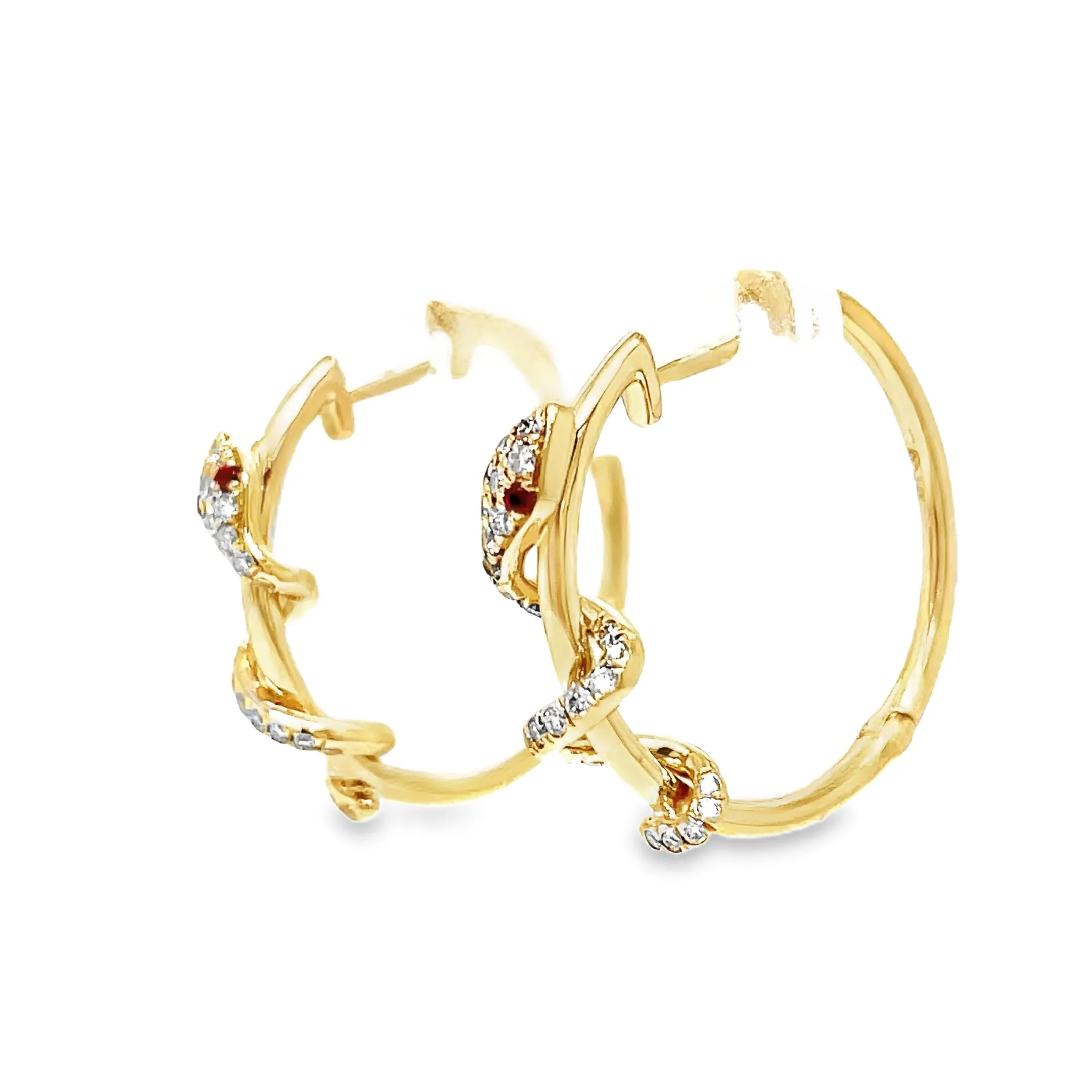 14k Yellow Gold Diamond and Ruby Snake Hoop Earrings