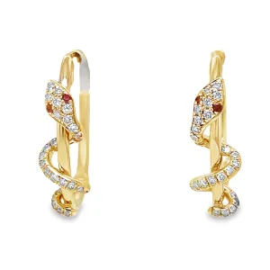 14k Yellow Gold Diamond and Ruby Snake Hoop Earrings