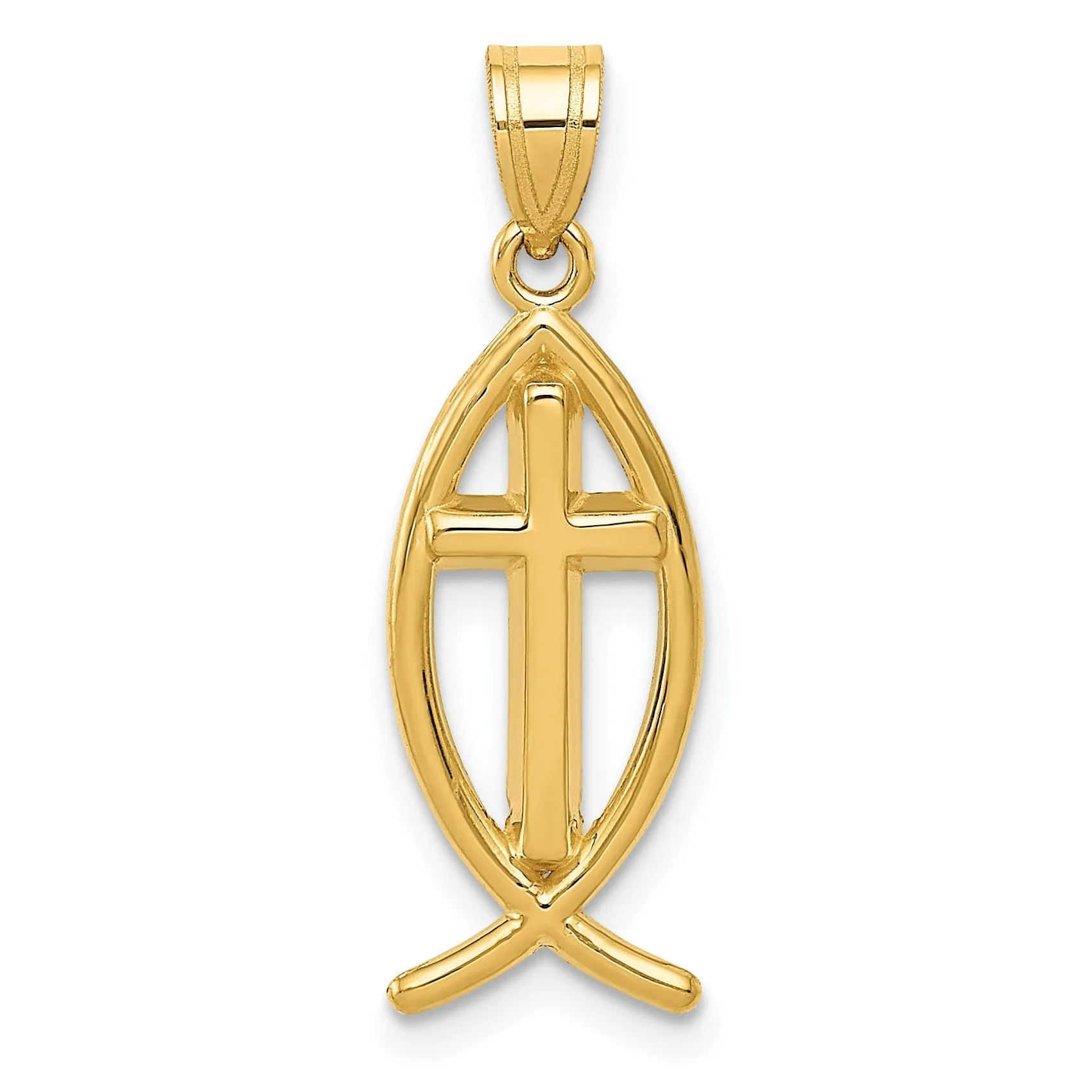 14k Yellow Gold Polished Finish Ichthus Fish with Cross Design Pendant