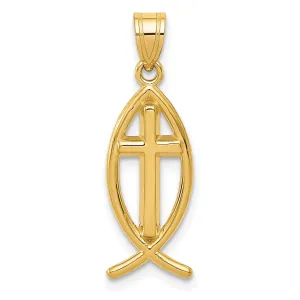 14k Yellow Gold Polished Finish Ichthus Fish with Cross Design Pendant