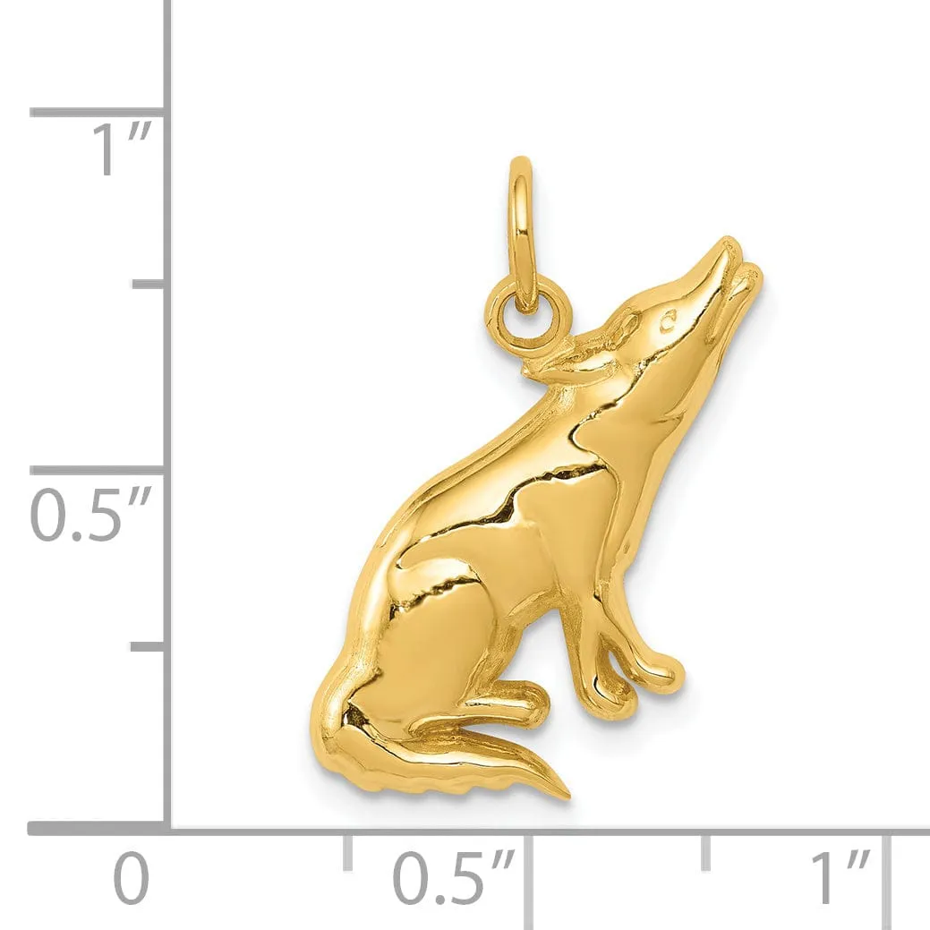 14K Yellow Gold Polished Finish Wolf Howling Design Charm Pendant