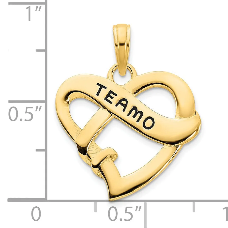 14k Yellow Gold Polished Textured Back Black Epoxy Finish Te Amo in Fancy Heart Design Charm Pendant