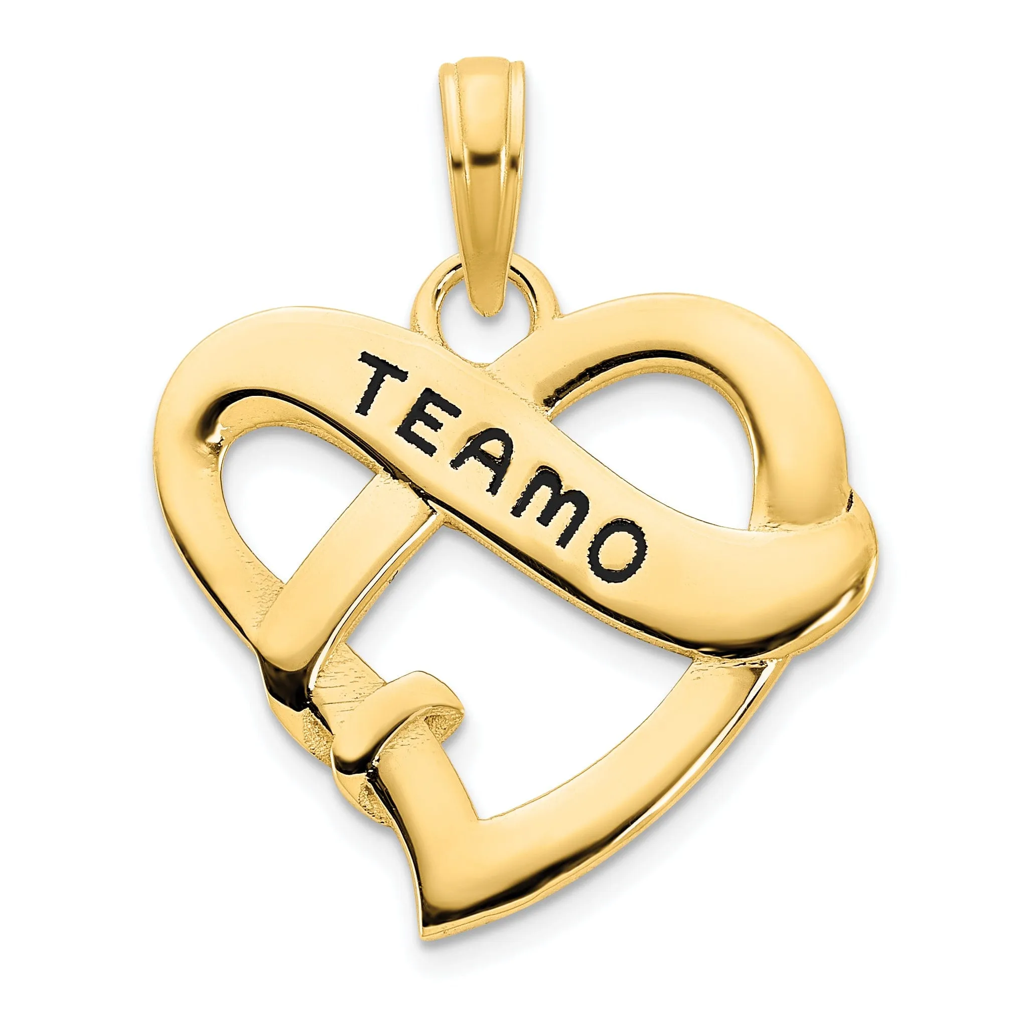 14k Yellow Gold Polished Textured Back Black Epoxy Finish Te Amo in Fancy Heart Design Charm Pendant