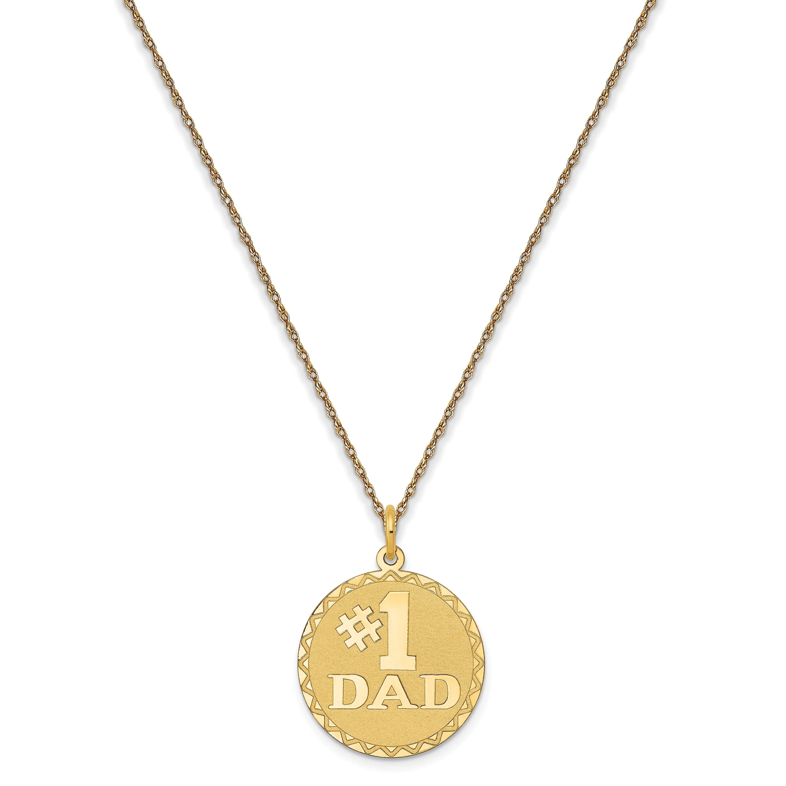 14k Yellow Gold Polished Textured Finish # 1 Dad Round Shape Charm Pendant with 18-inch Rope Necklace Chain