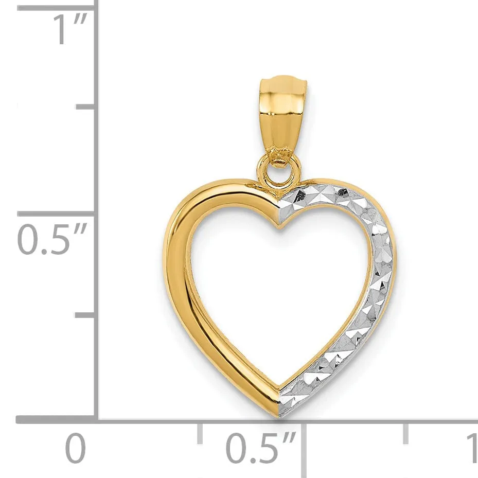 14K Yellow Gold, Rhodium Polished D.C Finish Solid Heart Design Pendant