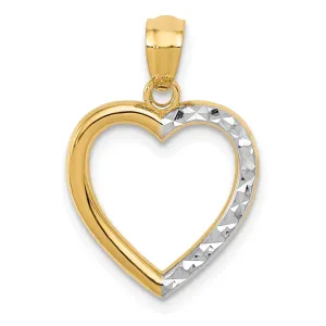 14K Yellow Gold, Rhodium Polished D.C Finish Solid Heart Design Pendant