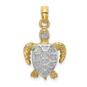 14k Yellow Gold with White Rhodium Solid Casted Polished Finish Swimming Sea Turtle Charm Pendant