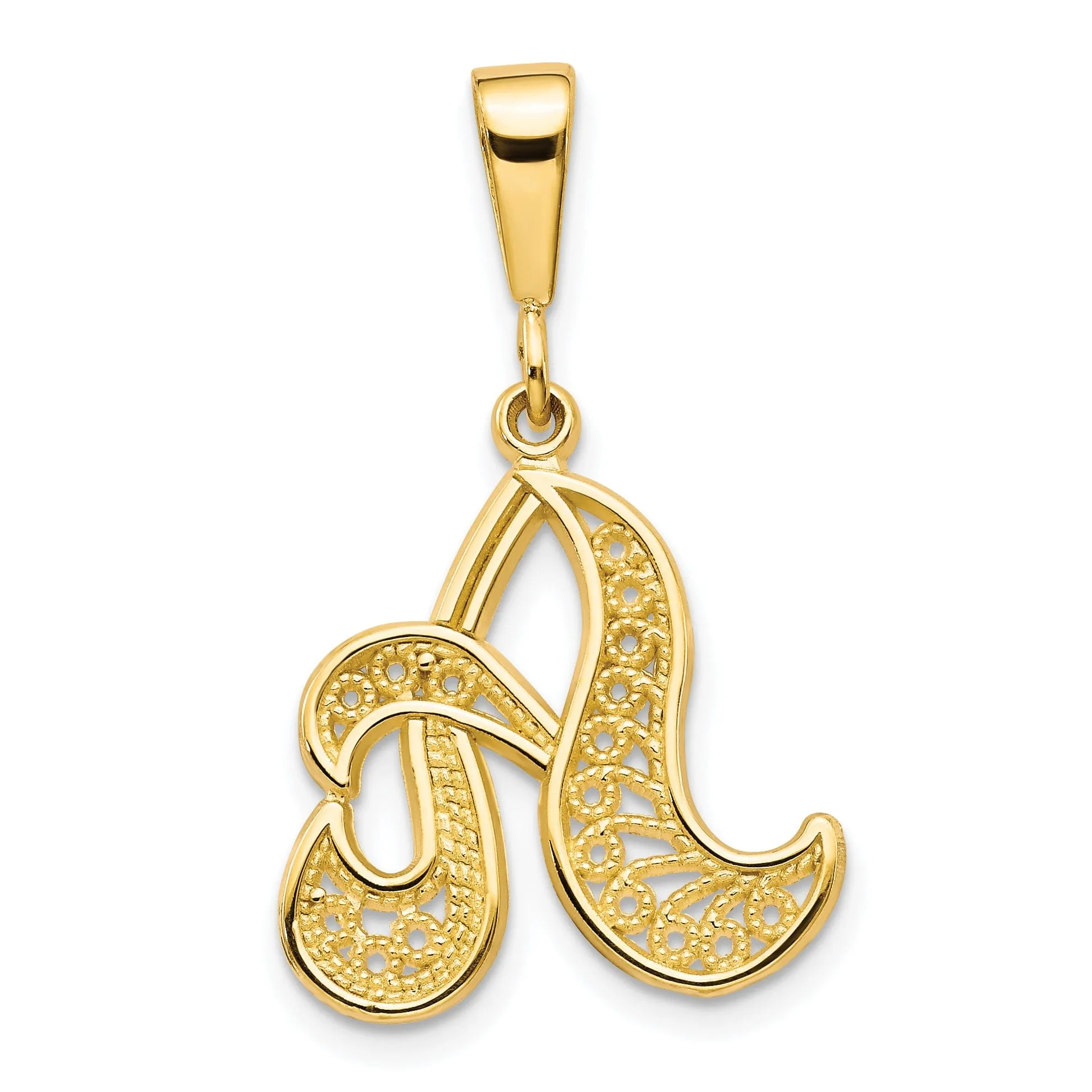 14K Yellow GoldFancy Filigree Script Design Letter A Initial Pendant