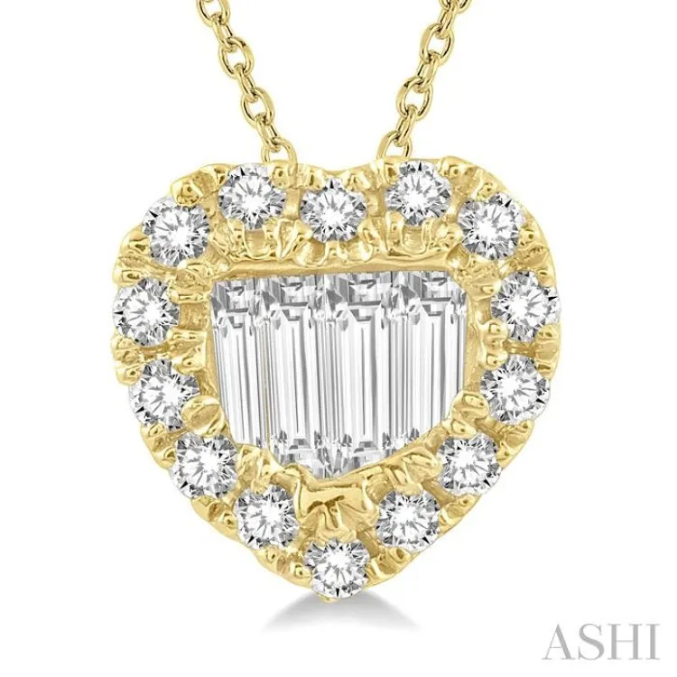 1/5 ctw Heart Shape Baguette Center & Round Cut Diamond Pendant With Chain in 14K Yellow Gold