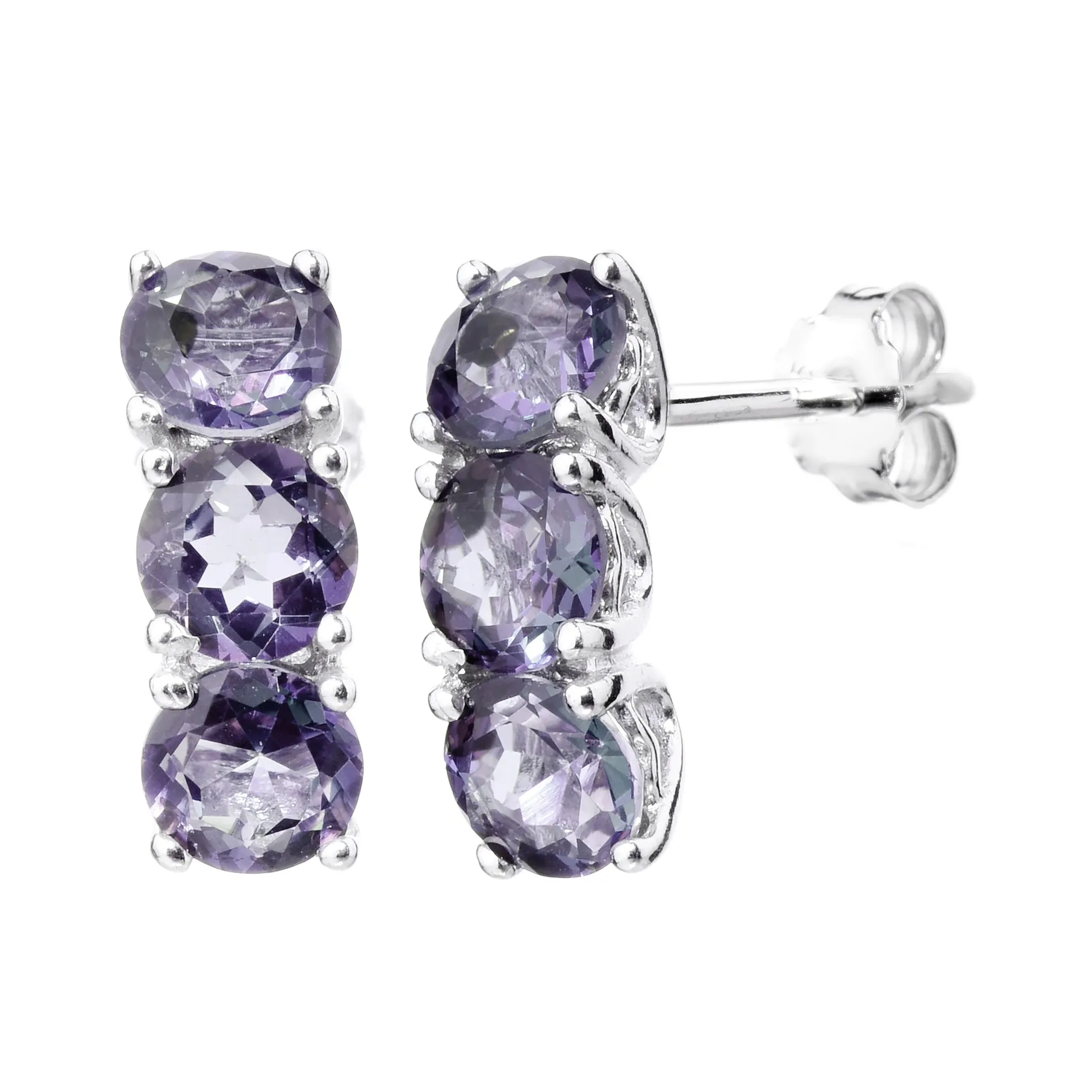 1.75 cttw Purple Amethyst Dangle Earrings .925 Sterling Silver 3 Stone Round 5MM