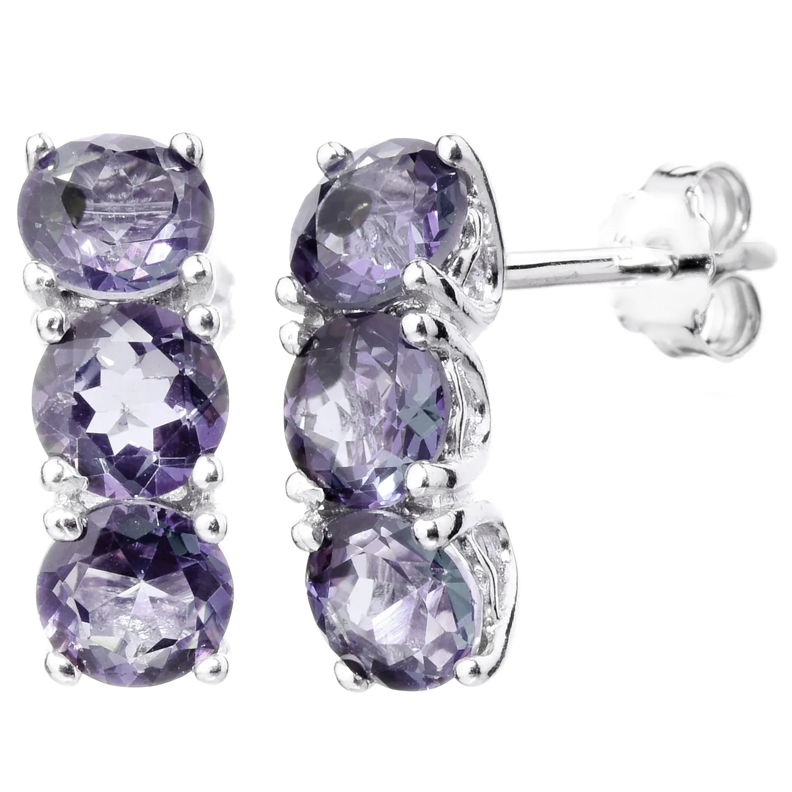 1.75 cttw Purple Amethyst Dangle Earrings .925 Sterling Silver 3 Stone Round 5MM