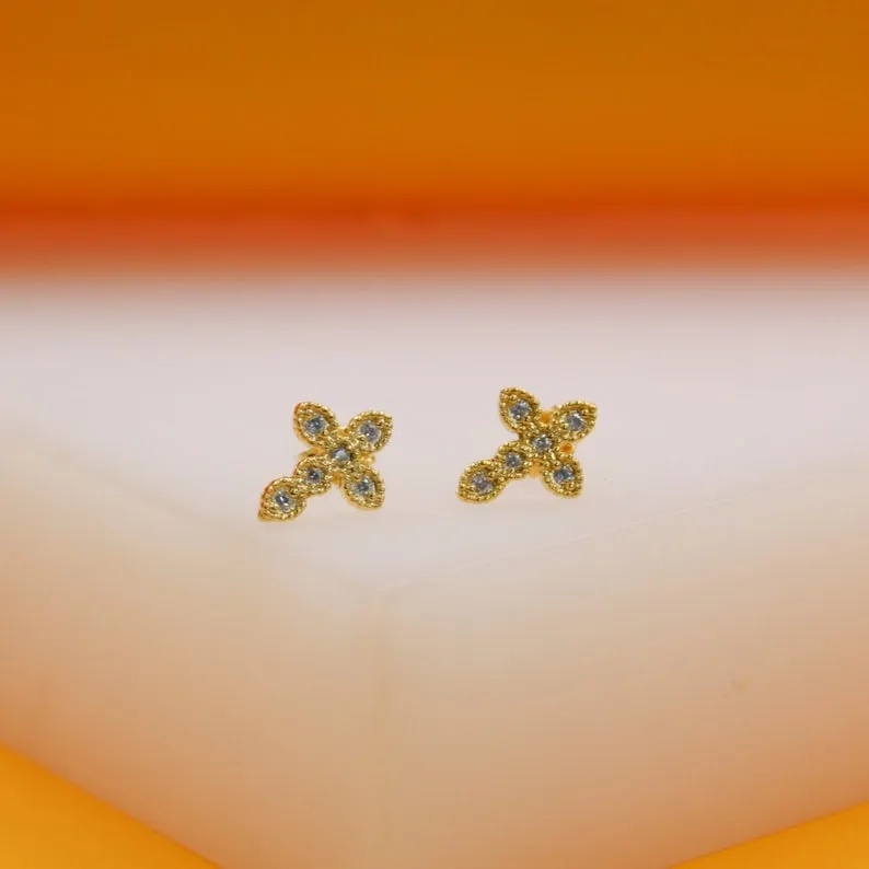 18K Gold Filled CZ Crucifix Stud Earrings (J310A)