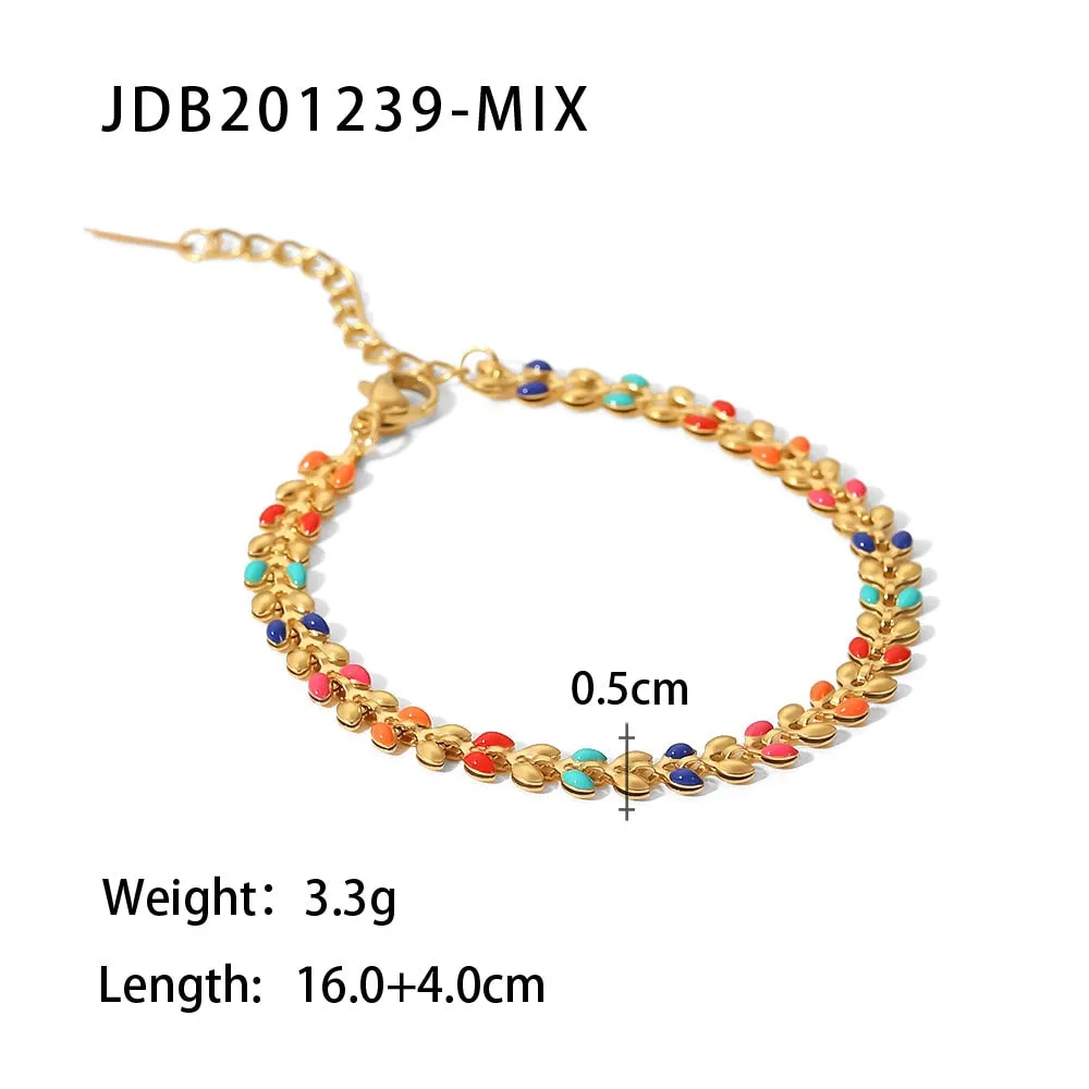 18K Gold Plated Stainless Steel Accessories Set Dripping Oil Olive Leaf Bracelet Enamel Colorful Necklace Collares Verano