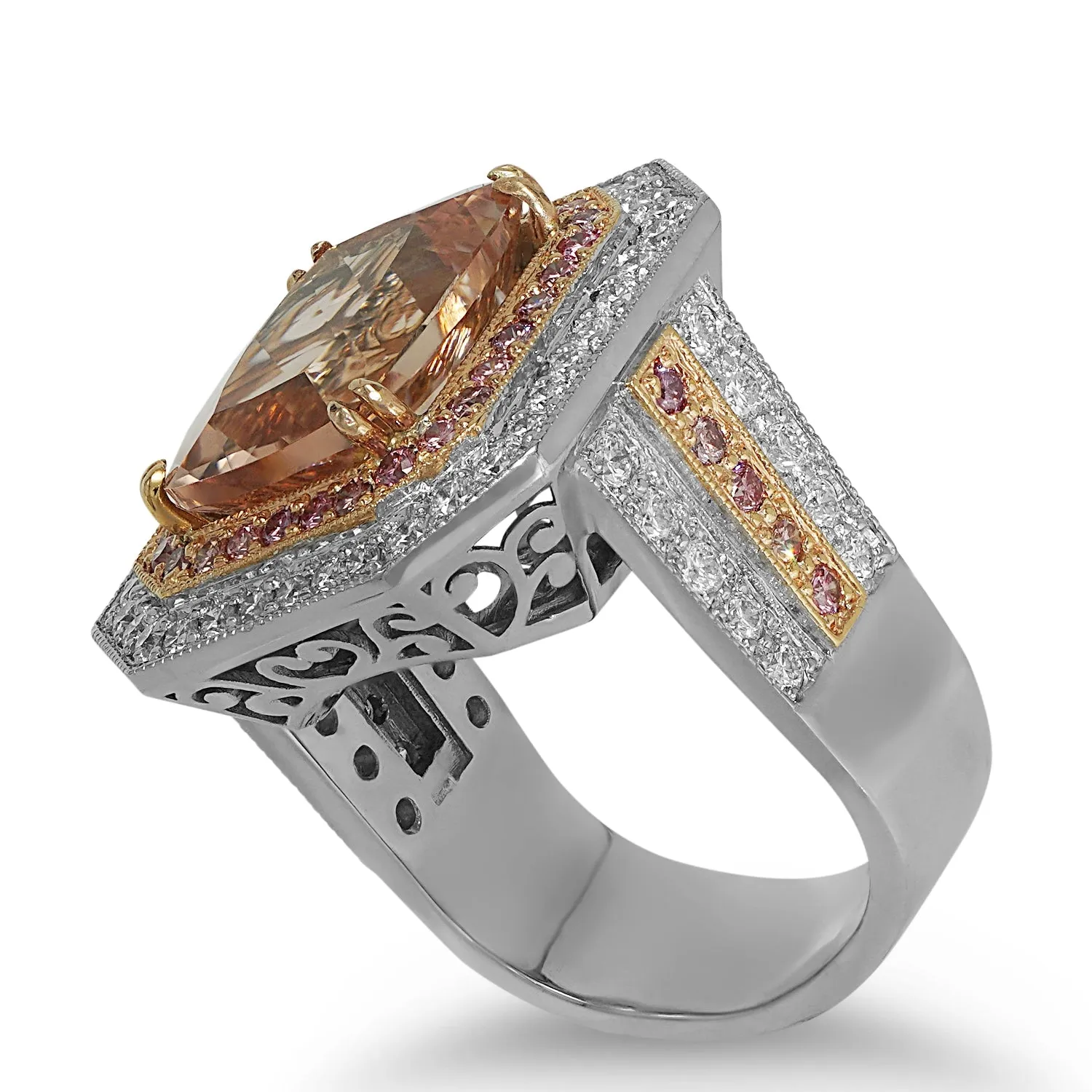 18Kt White Gold Cushion Morganite and Diamond Ladies Ring