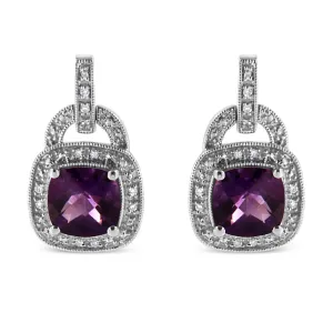 .925 Sterling Silver 8MM Natural Cushion Shaped Amethyst and Diamond Accent Halo with Push Back Dangle Earrings (I-J Color, I2-I3 Clarity)