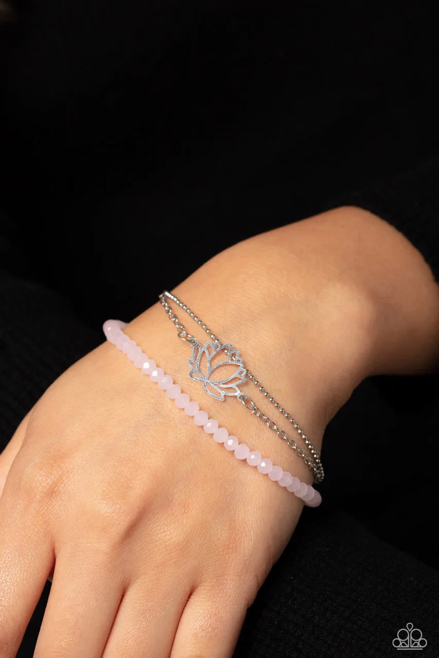 A LOTUS Like This - Pink - Faceted Bead Silver Flower and Chain Paparazzi Lobster Claw Bracelet