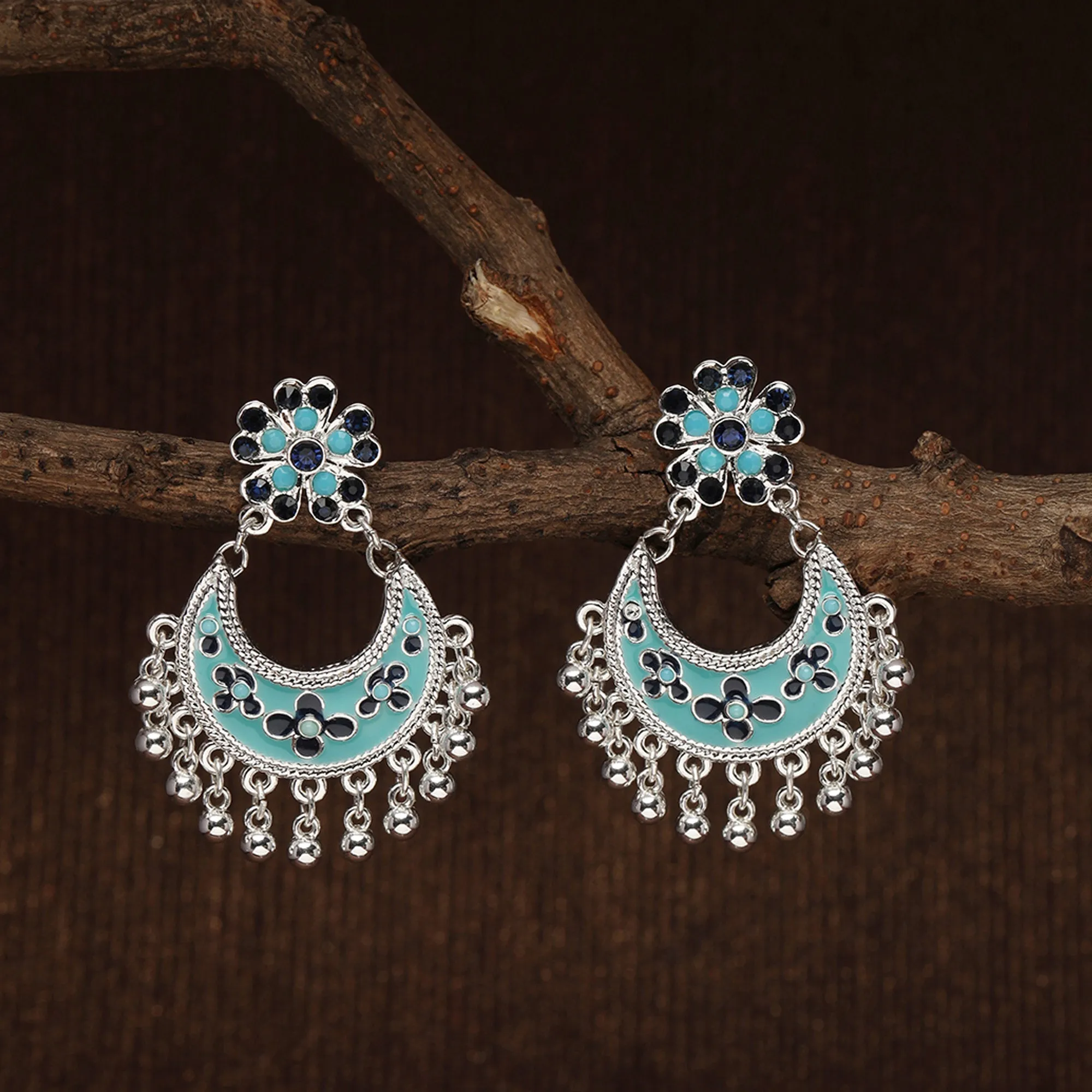 Accessorize London Silver Plated Floral Enamel Chandbalis Metal Chandbali Earring