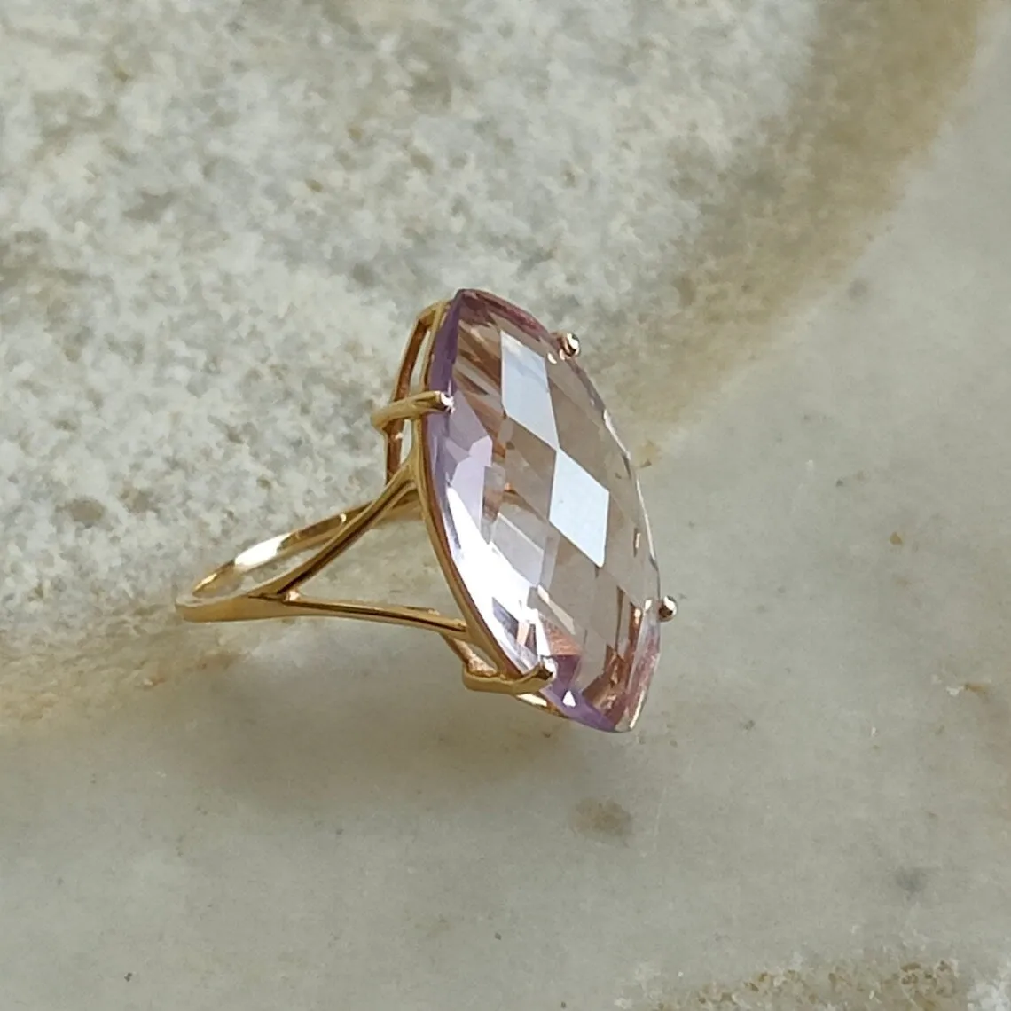 Amethyst Marquise Cut Simple Solitaire Rings - 14k Gold Vermeil Rings