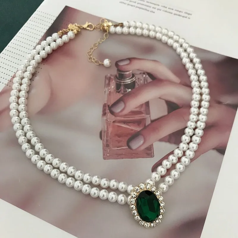 Ashore Shop Multi Layer Pearl Imitation Choker Necklace with Elegant Green Pendant