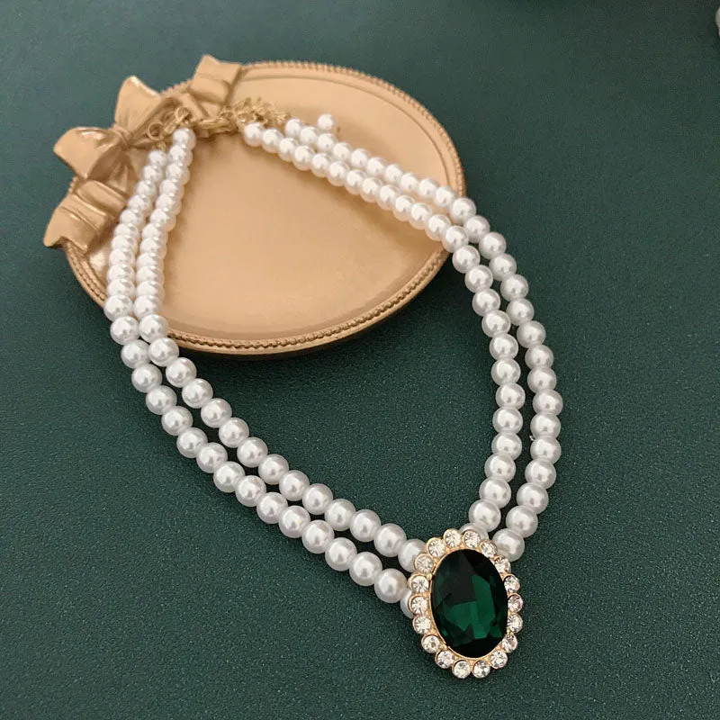 Ashore Shop Multi Layer Pearl Imitation Choker Necklace with Elegant Green Pendant