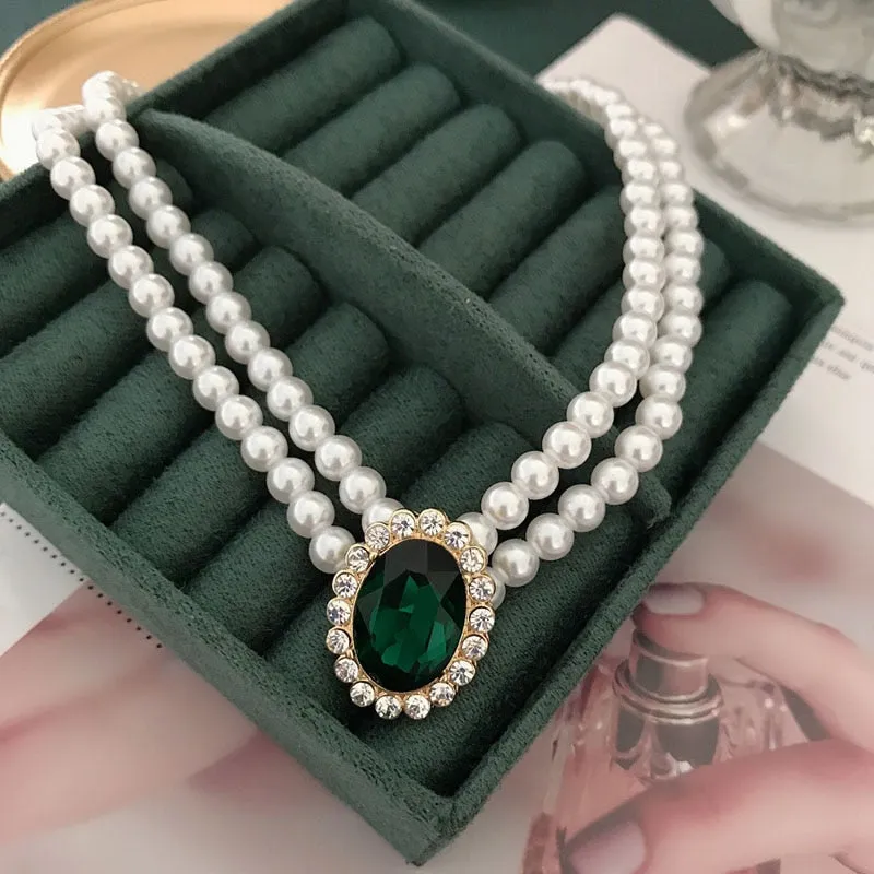 Ashore Shop Multi Layer Pearl Imitation Choker Necklace with Elegant Green Pendant