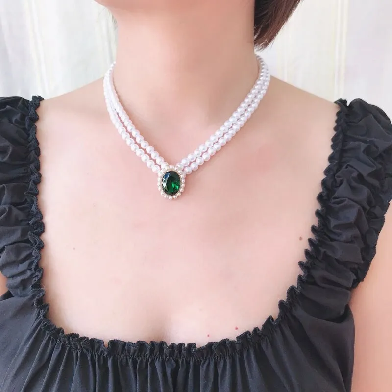 Ashore Shop Multi Layer Pearl Imitation Choker Necklace with Elegant Green Pendant