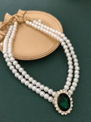 Ashore Shop Multi Layer Pearl Imitation Choker Necklace with Elegant Green Pendant