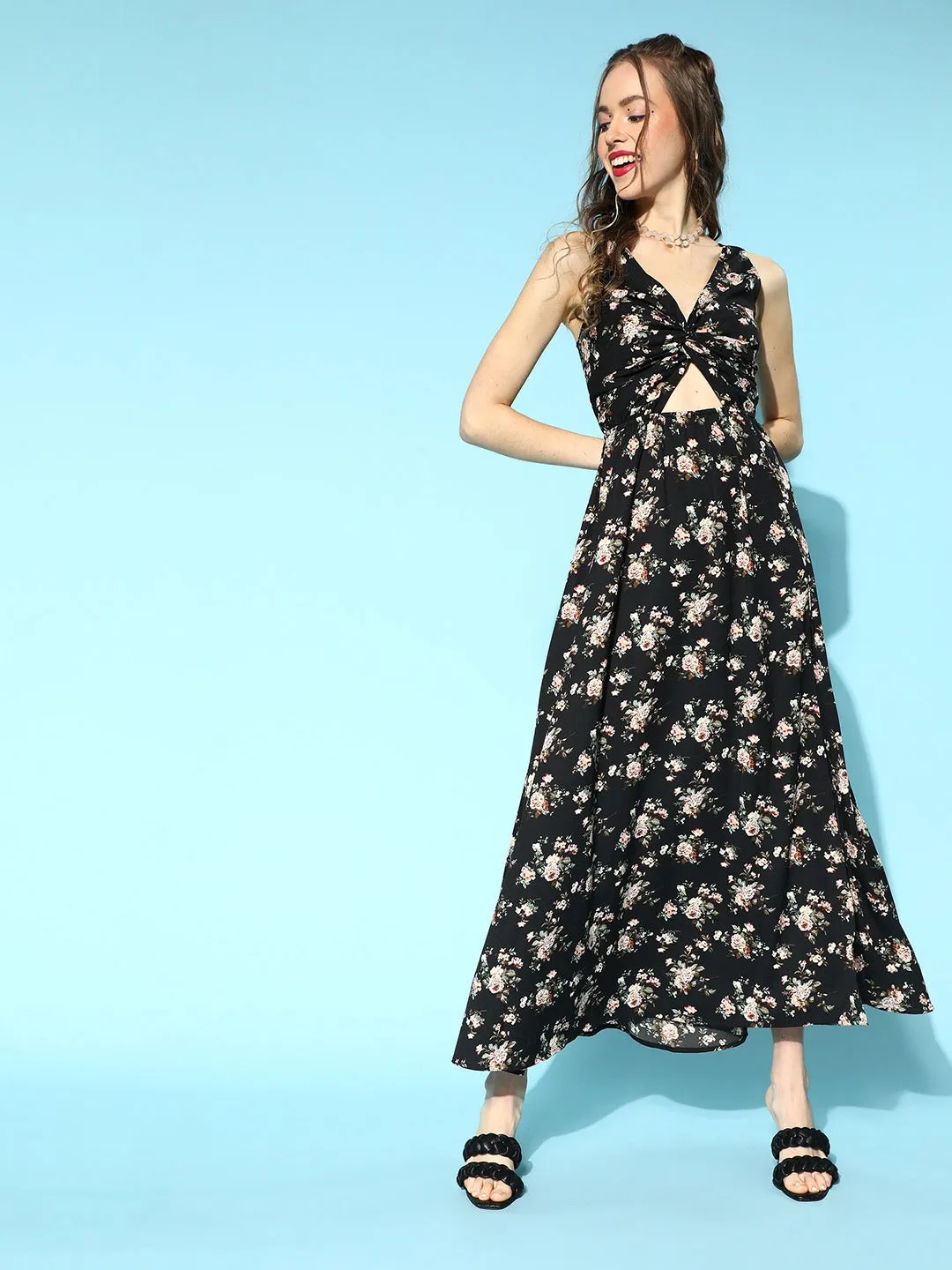 Berrylush Women Black & Pink Floral Printed V-Neck Open Back Thigh-High Slited A-Line Maxi Dress