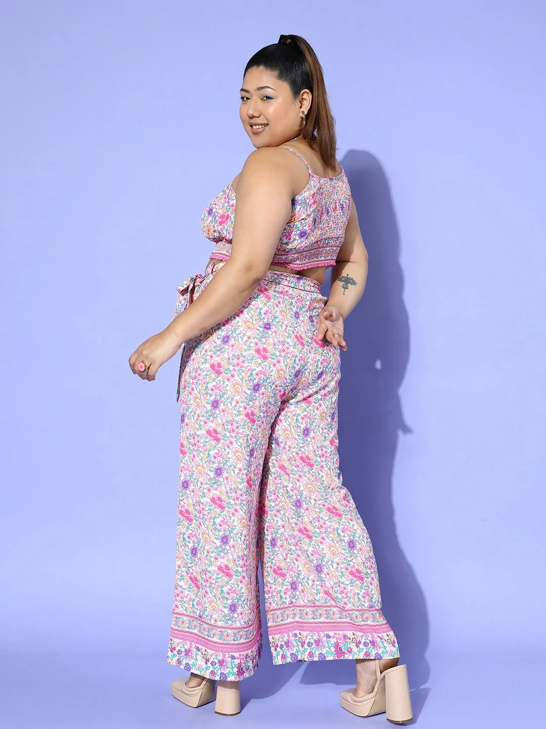 Berrylush Women Plus Size Pink & White Floral Printed Round Neck Waist Tie-Up Crop Top & Wide-Leg Trousers Set