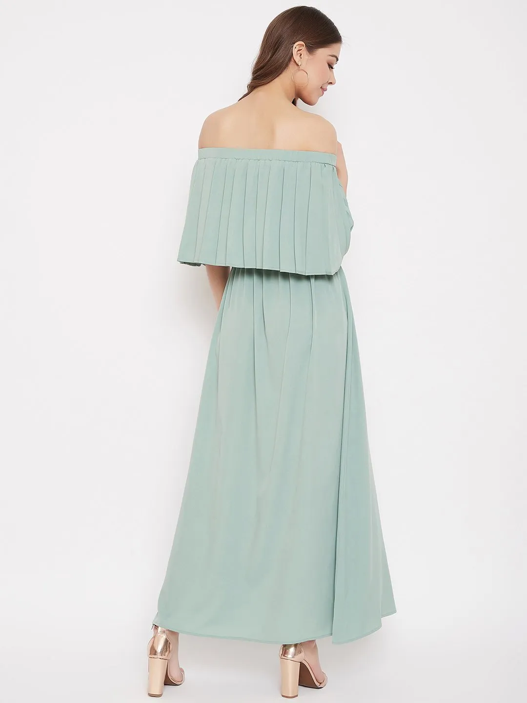 Berrylush Women Solid Light Green Off-Shoulder Neck Three-Quarter Sleeve Crepe Flared Maxi Dress