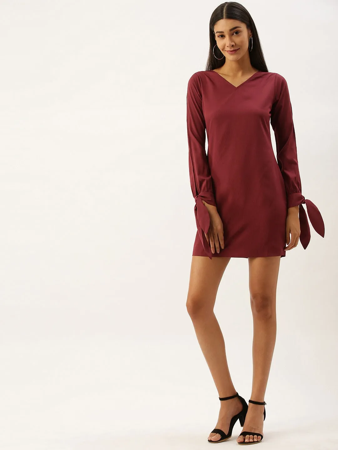 Berrylush Women Solid Maroon V-Neck Tie-Up Slit Sleeves Straight Hem A-Line Mini Dress