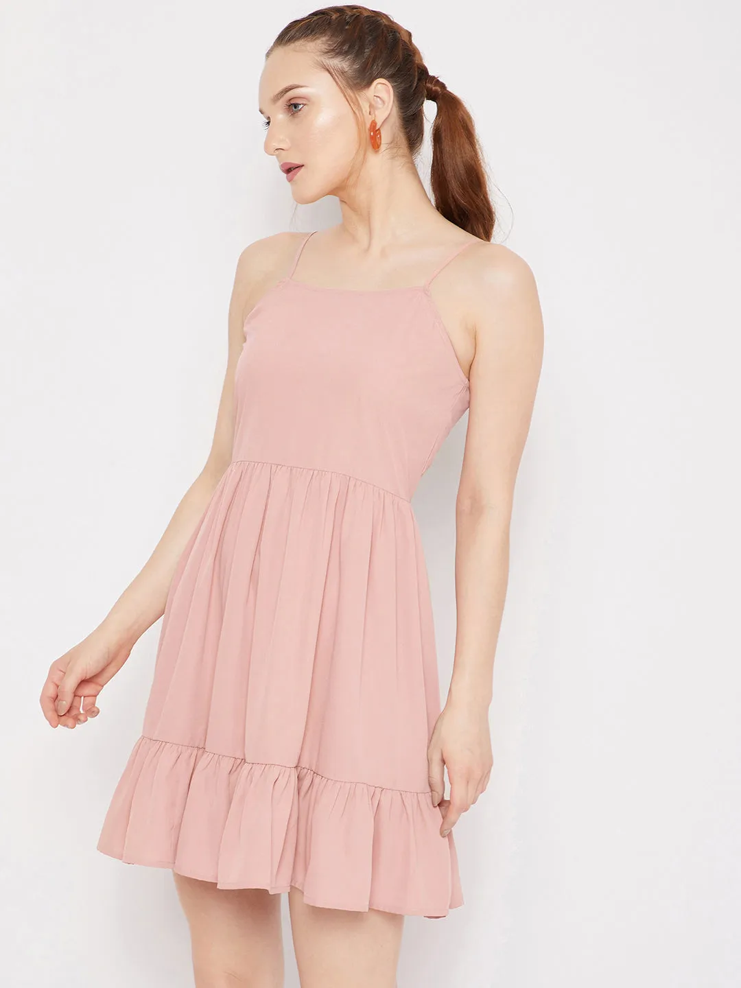 Berrylush Women Solid Pink Square Neck Sleeveless Ruffled A-Line Mini Dress