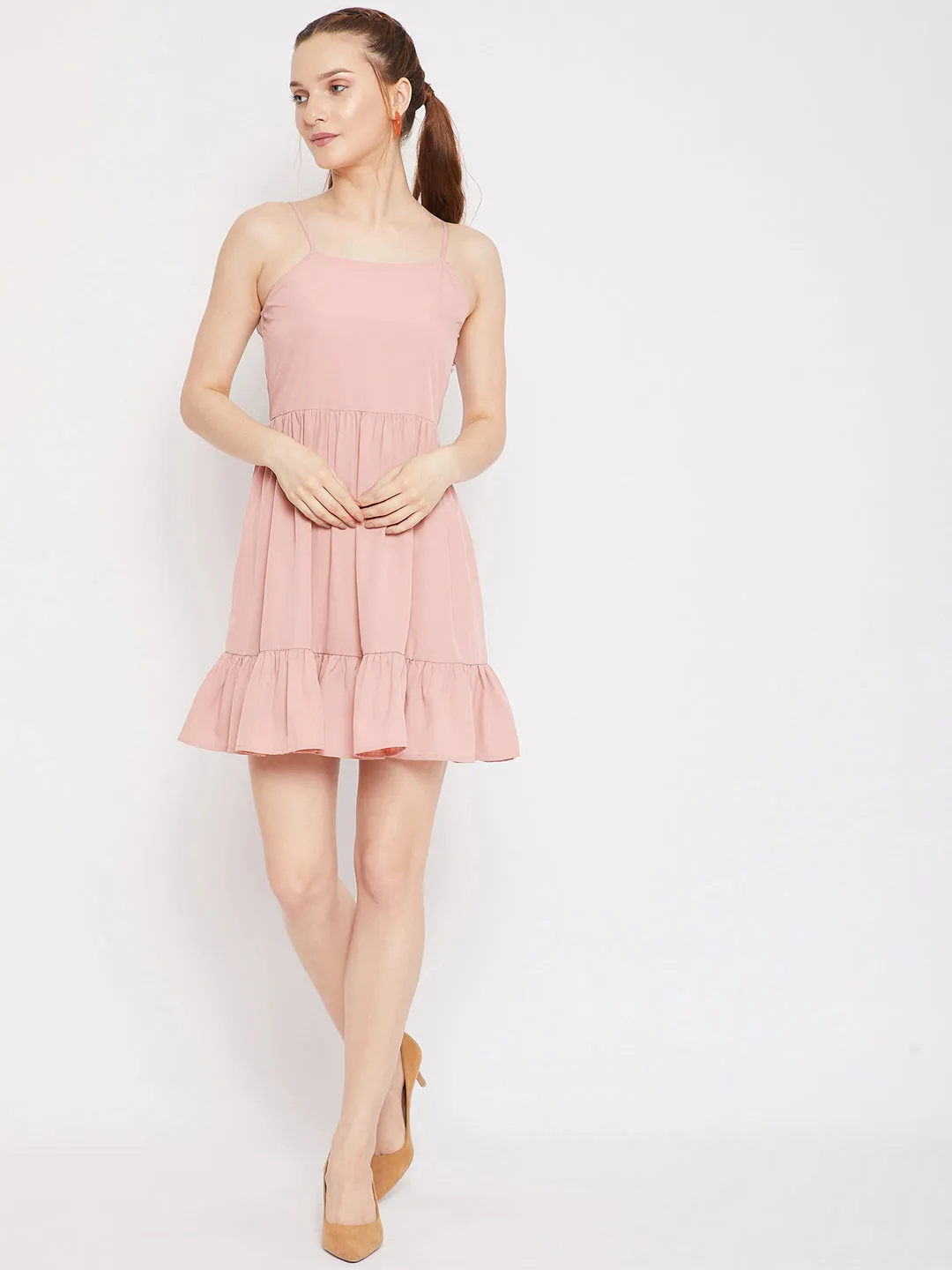 Berrylush Women Solid Pink Square Neck Sleeveless Ruffled A-Line Mini Dress