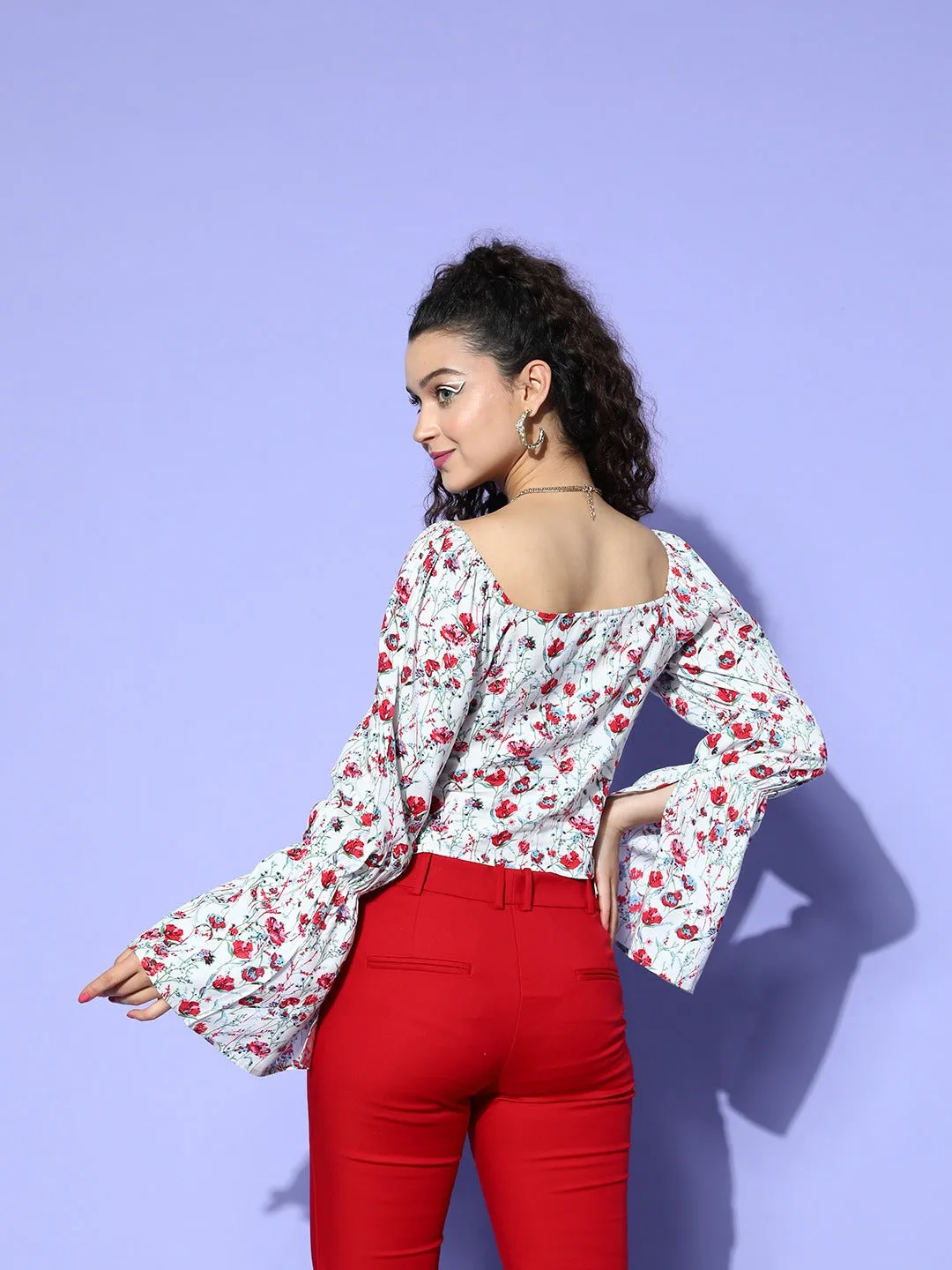 Berrylush Women White & Red Floral Printed Sweetheart Neck Bell Sleeves Front Lace-Up Regular Top