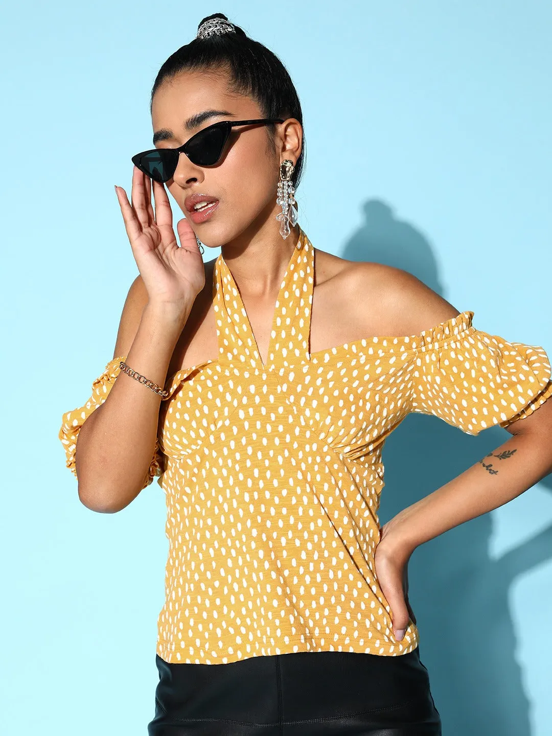 Berrylush Women Yellow & White Polka Dot Printed Halter Neck Cold-Shoulder Ruffled Regular Top