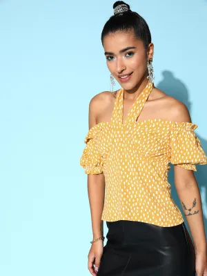 Berrylush Women Yellow & White Polka Dot Printed Halter Neck Cold-Shoulder Ruffled Regular Top