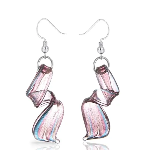 BESHEEK Handmade Murano Inspired Gorgeous Artist Made Pink Purple Blue Twist Glass Dangle Earrings | Handcrafted Blown Hypoallergenic Artisan Lampwork Italian Style Jewelry (Twist)