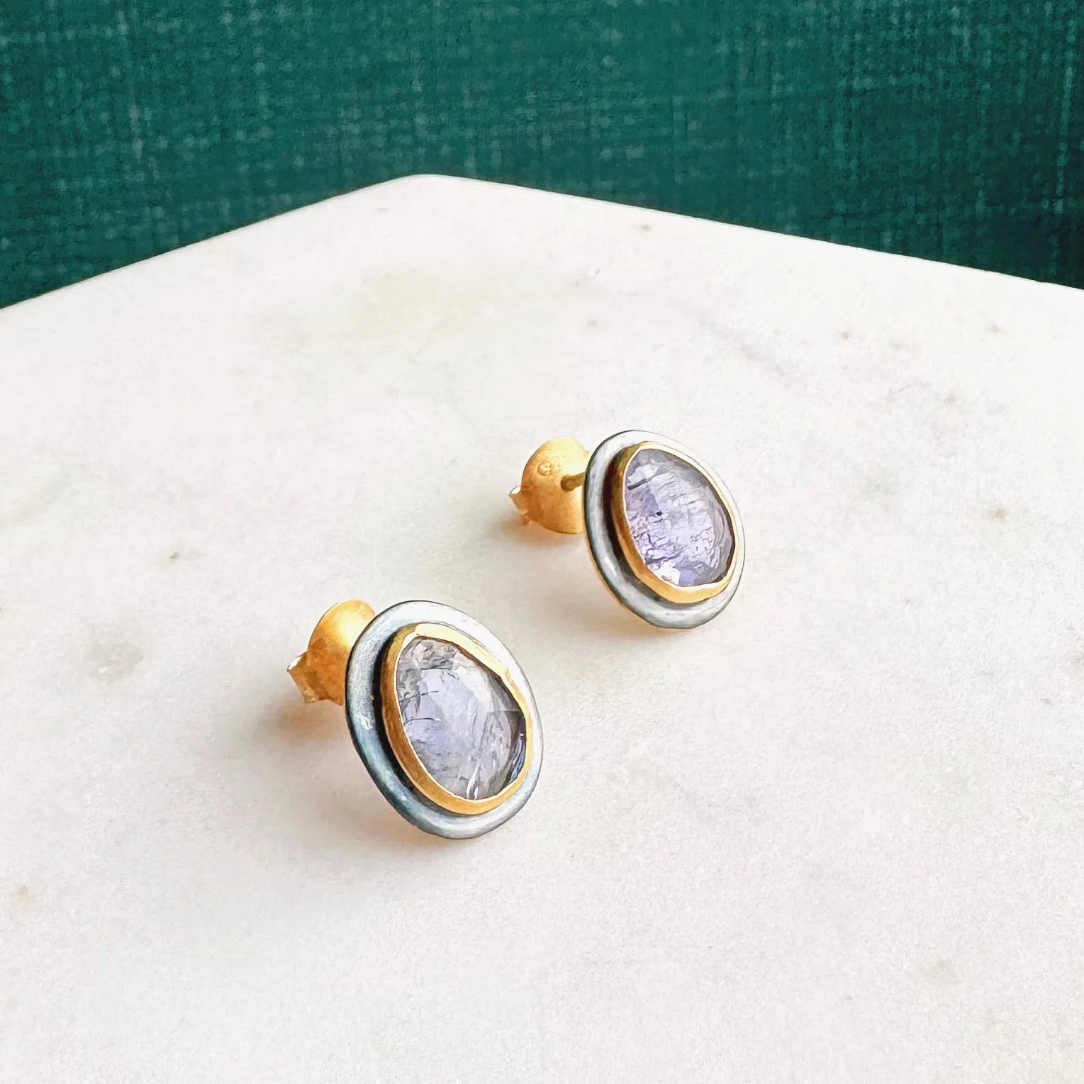 Black & Gold Teardrop Stud Earrings: Tanzanite