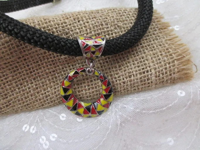 Black Cotton Cord  Necklace with Red, Black & Yellow Pendant