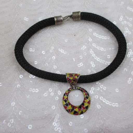 Black Cotton Cord  Necklace with Red, Black & Yellow Pendant