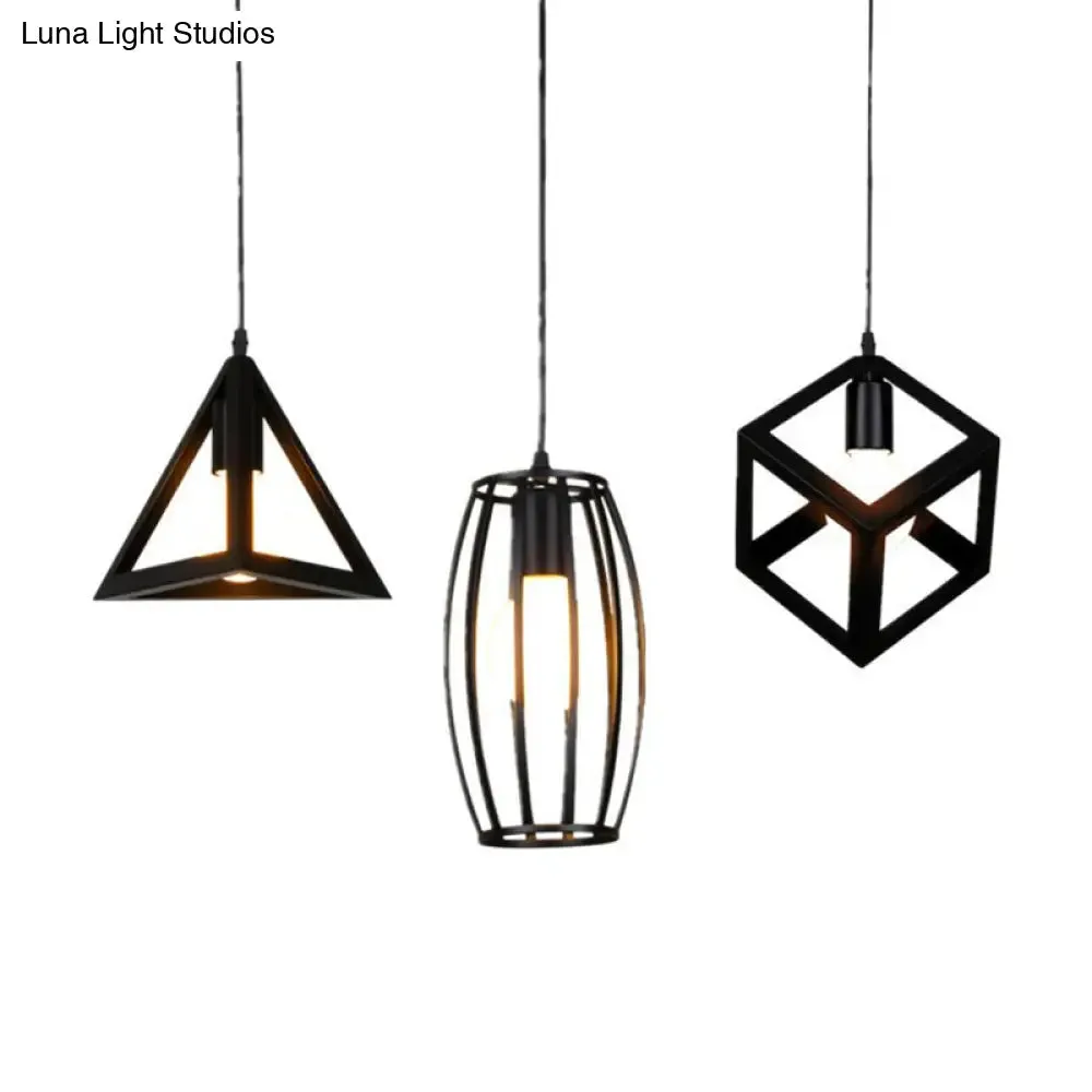 Black Vintage Geometric Pendant Ceiling Light - Single Bulb Metal Lamp