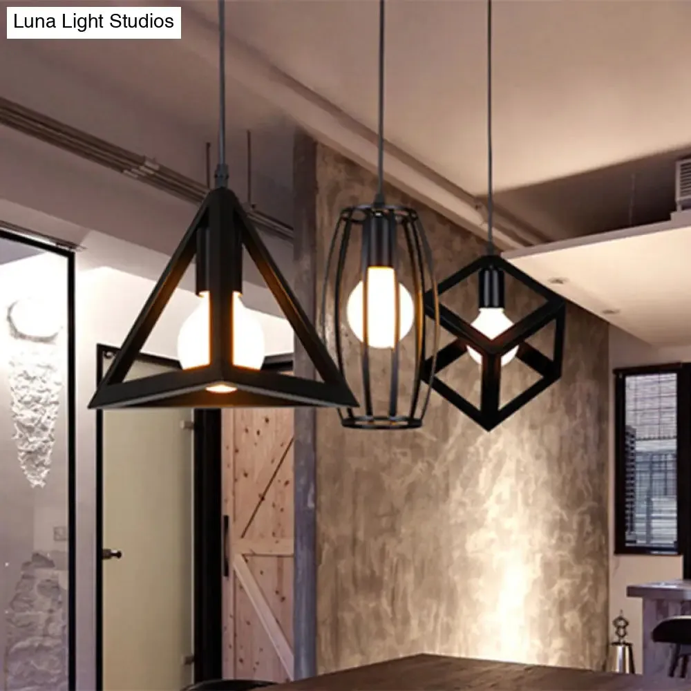 Black Vintage Geometric Pendant Ceiling Light - Single Bulb Metal Lamp